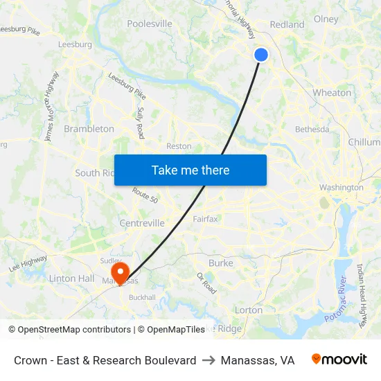 Crown - East & Research Boulevard to Manassas, VA map