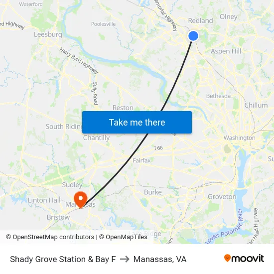 Shady Grove Station & Bay F to Manassas, VA map