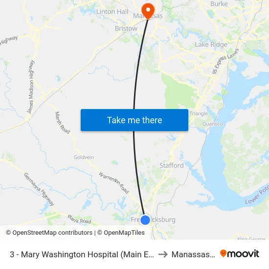 3 - Mary Washington Hospital (Main Entrance) to Manassas, VA map