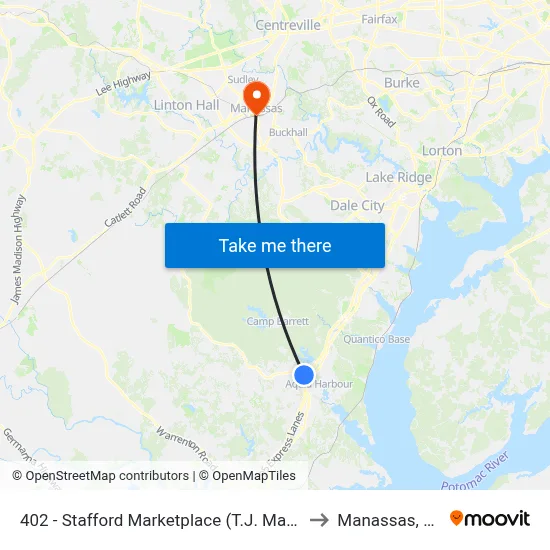 402 - Stafford Marketplace (T.J. Maxx) to Manassas, VA map