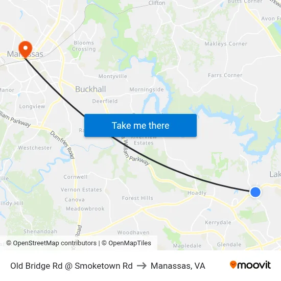 Old Bridge Rd @ Smoketown Rd to Manassas, VA map