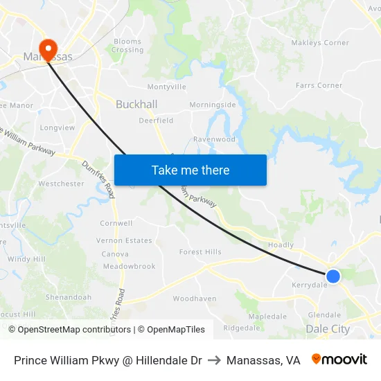 Prince William Pkwy @ Hillendale Dr to Manassas, VA map