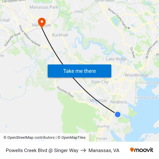 Powells Creek Blvd @ Singer Way to Manassas, VA map