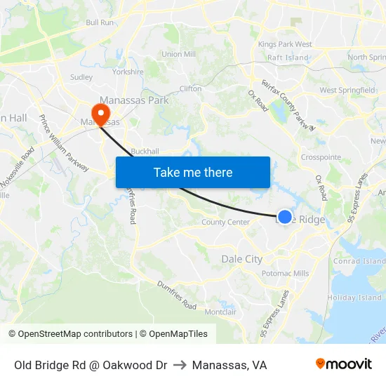 Old Bridge Rd @ Oakwood Dr to Manassas, VA map