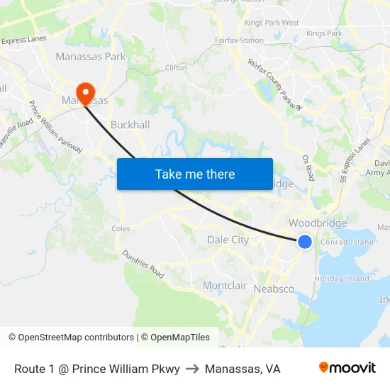 Route 1 @ Prince William Pkwy to Manassas, VA map