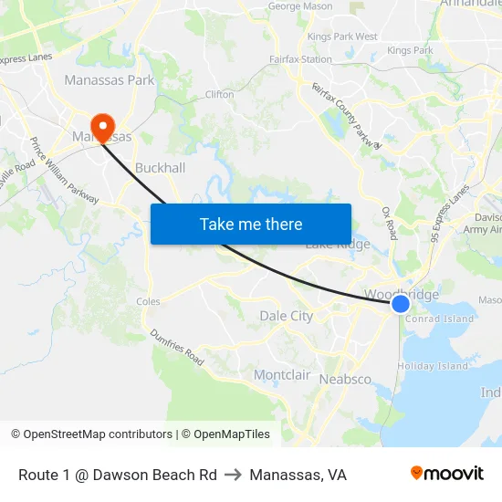 Route 1 @ Dawson Beach Rd to Manassas, VA map
