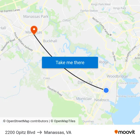 2200 Opitz Blvd to Manassas, VA map