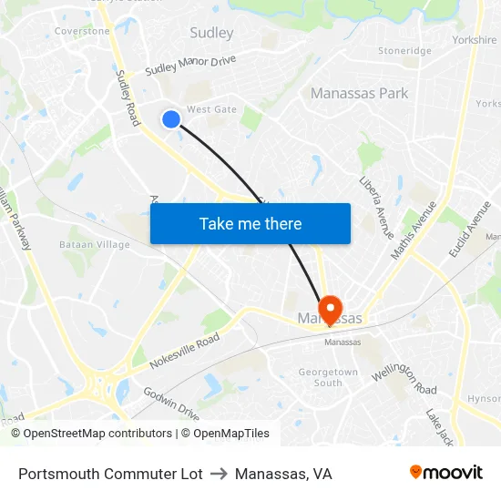 Portsmouth Commuter Lot to Manassas, VA map