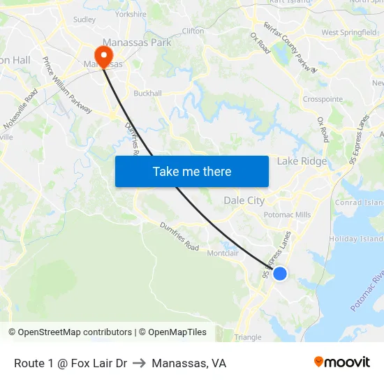 Route 1 @ Fox Lair Dr to Manassas, VA map