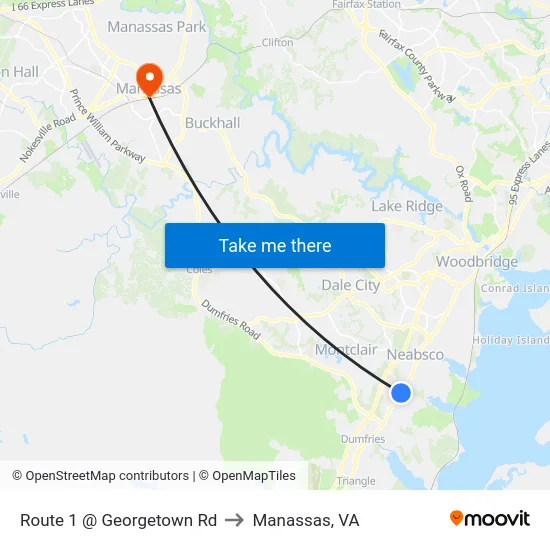 Route 1 @ Georgetown Rd to Manassas, VA map