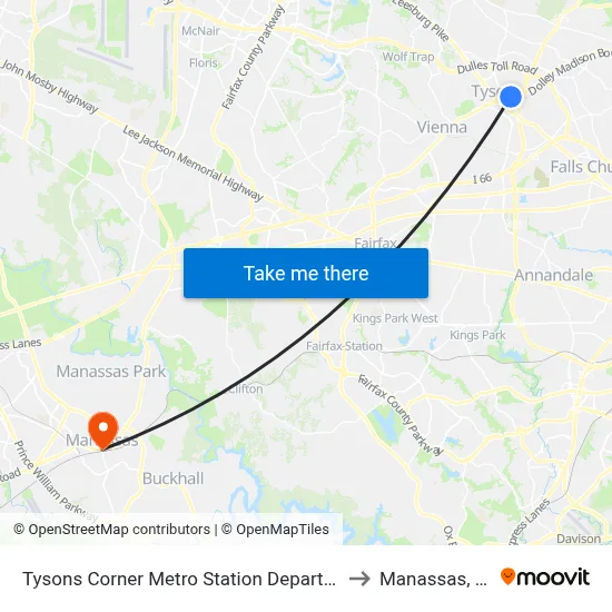 Tysons Corner Metro Station Departures to Manassas, VA map