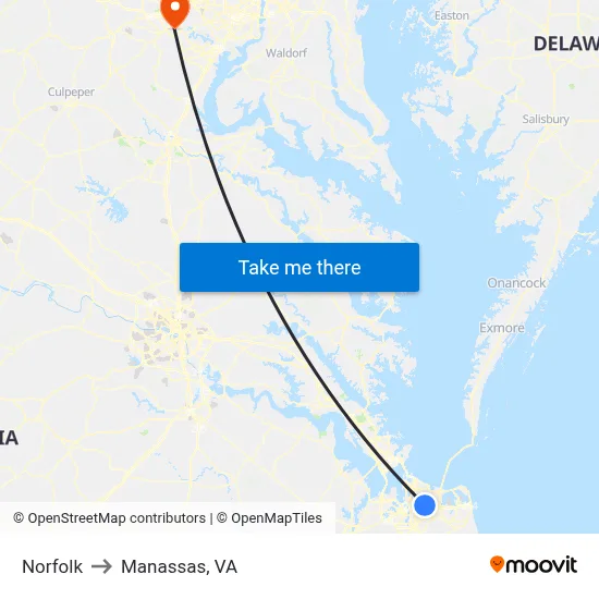 Norfolk to Manassas, VA map