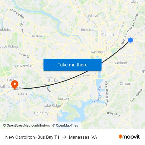 New Carrollton+Bus Bay T1 to Manassas, VA map