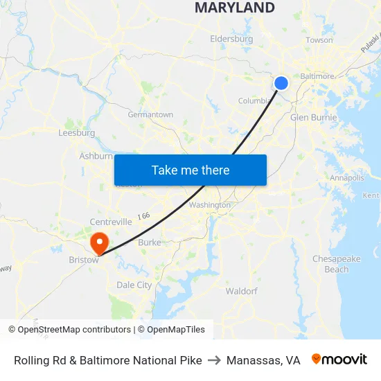 Rolling Rd & Baltimore National Pike to Manassas, VA map