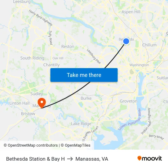 Bethesda Station & Bay H to Manassas, VA map