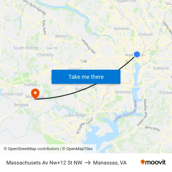 Massachusets Av Nw+12 St NW to Manassas, VA map