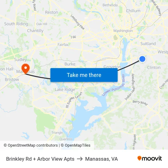 Brinkley Rd + Arbor View Apts to Manassas, VA map