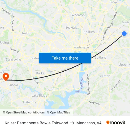 Kaiser Permanente Bowie Fairwood to Manassas, VA map