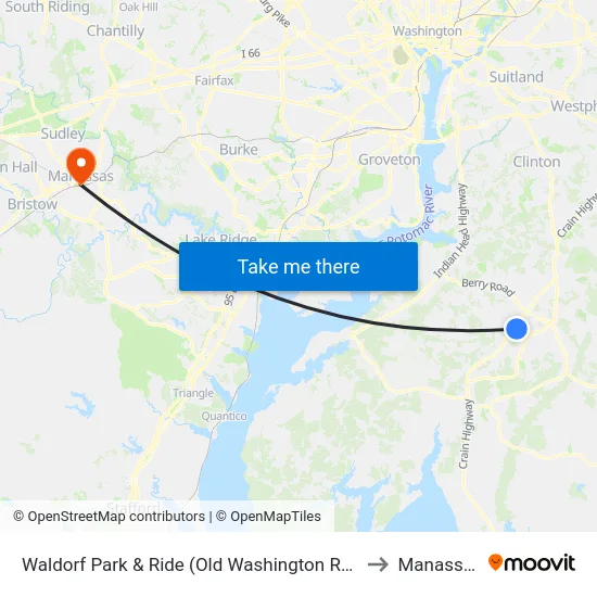 Waldorf Park & Ride (Old Washington Rd. & Smallwood Dr.) to Manassas, VA map