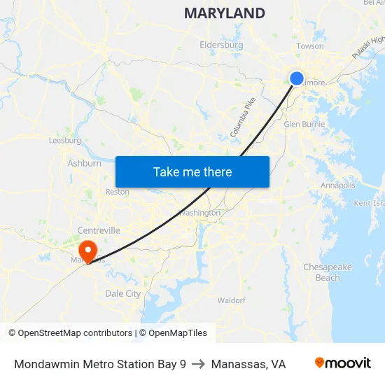 Mondawmin Metro Station Bay 9 to Manassas, VA map