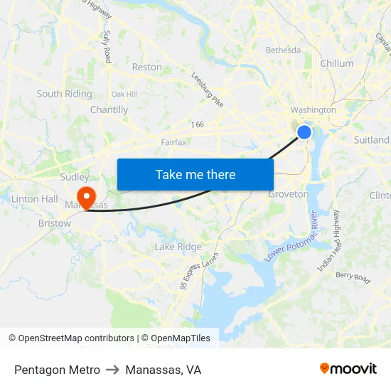 Pentagon Metro to Manassas, VA map