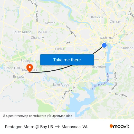 Pentagon Metro @ Bay U3 to Manassas, VA map