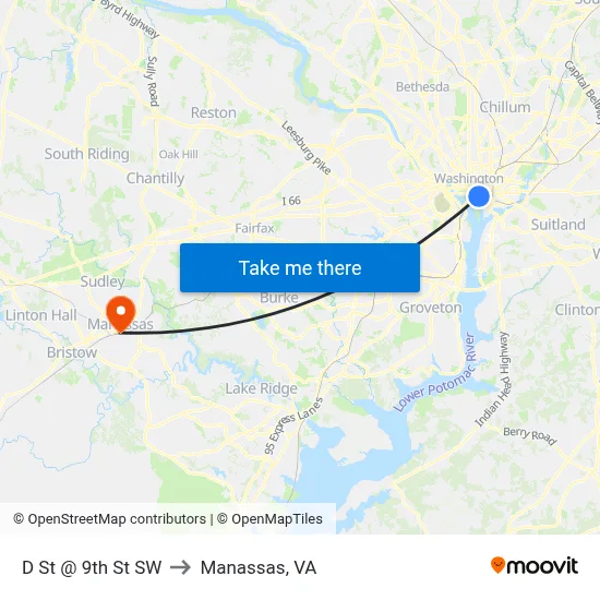 D St @ 9th St SW to Manassas, VA map