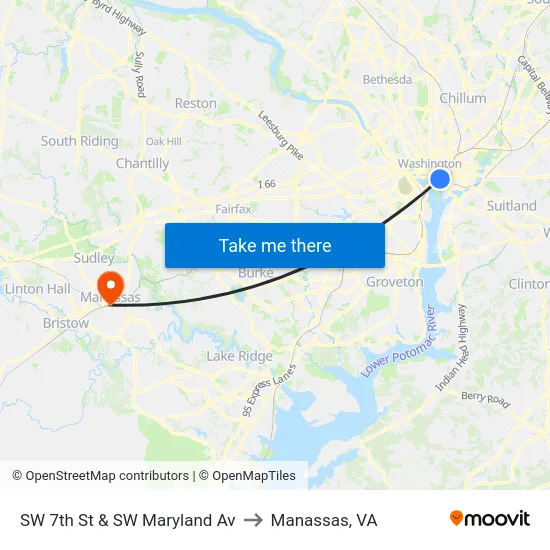 SW 7th St & SW Maryland Av to Manassas, VA map