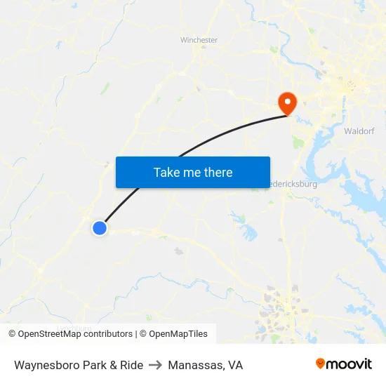 Waynesboro Park & Ride to Manassas, VA map