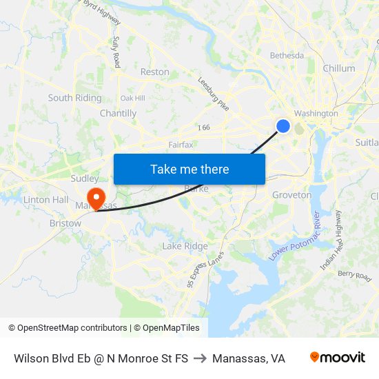 Wilson Blvd Eb @ N Monroe St FS to Manassas, VA map