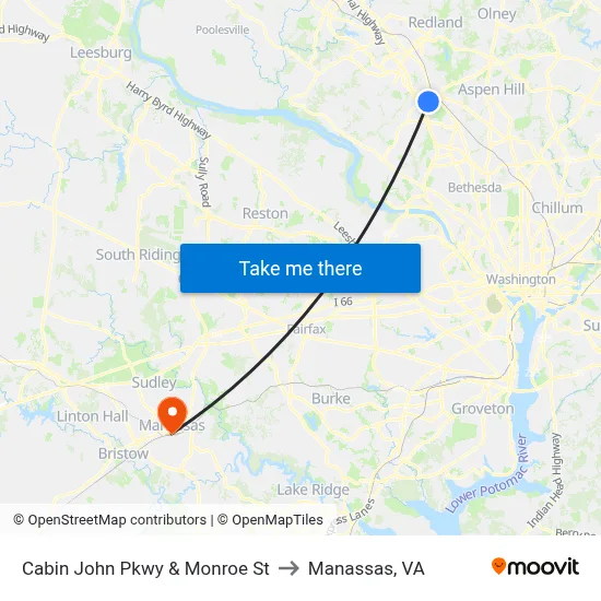 Cabin John Pkwy & Monroe St to Manassas, VA map