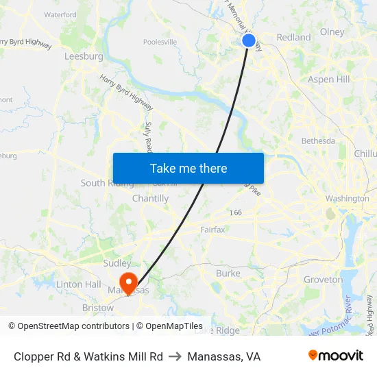 Clopper Rd & Watkins Mill Rd to Manassas, VA map