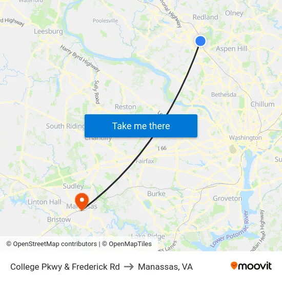 College Pkwy & Frederick Rd to Manassas, VA map