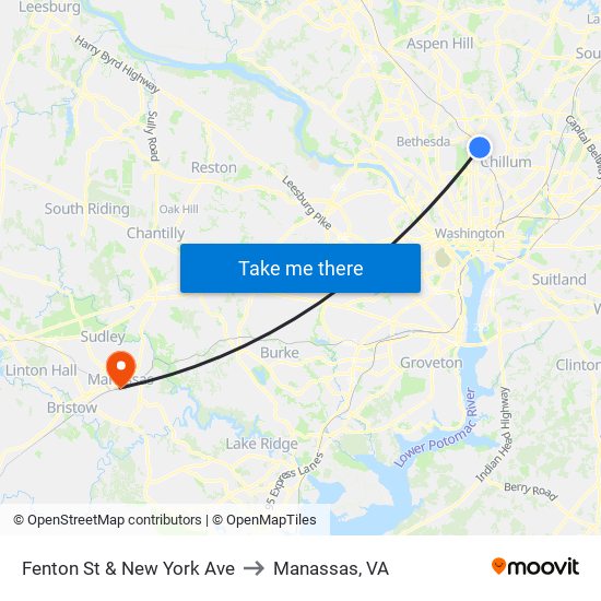 Fenton St & New York Ave to Manassas, VA map