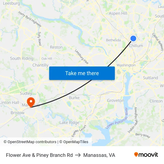 Flower Ave & Piney Branch Rd to Manassas, VA map