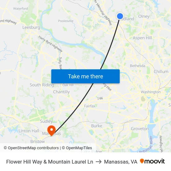 Flower Hill Way & Mountain Laurel Ln to Manassas, VA map