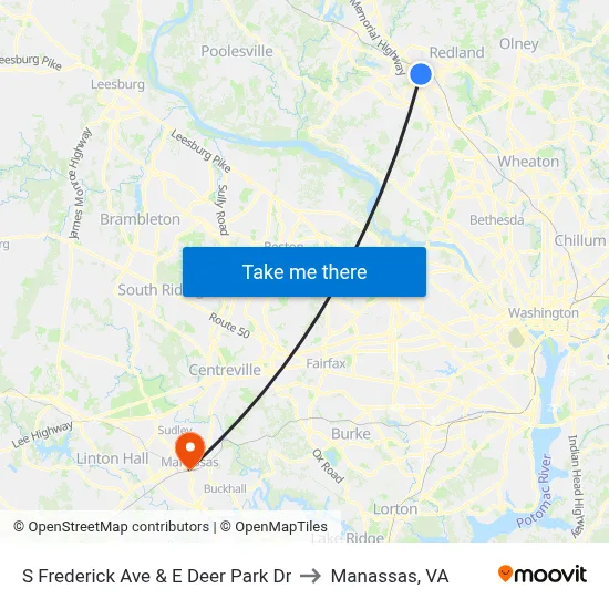 S Frederick Ave & E Deer Park Dr to Manassas, VA map