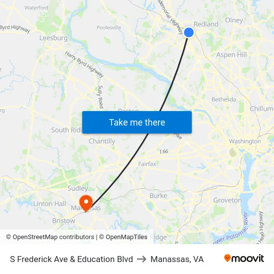 S Frederick Ave & Education Blvd to Manassas, VA map