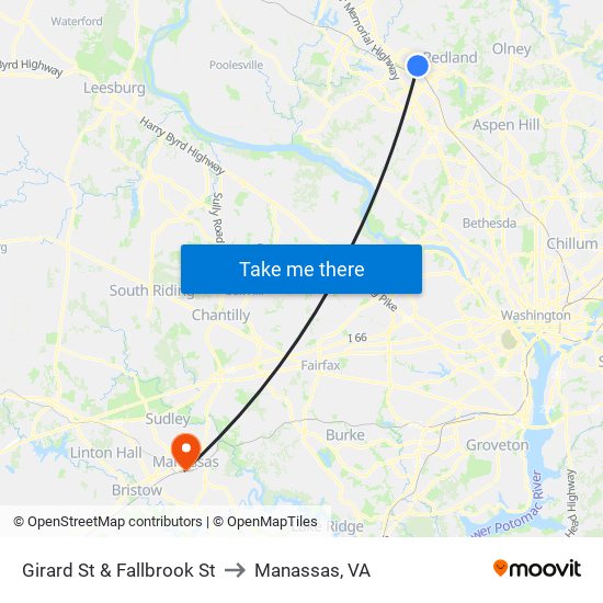 Girard St & Fallbrook St to Manassas, VA map