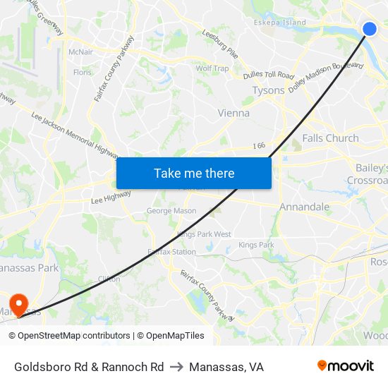 Goldsboro Rd & Rannoch Rd to Manassas, VA map