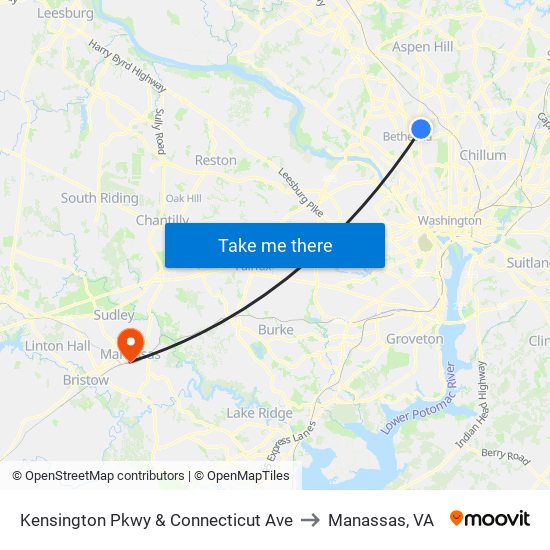 Kensington Pkwy & Connecticut Ave to Manassas, VA map