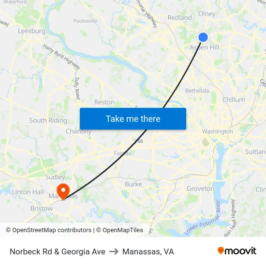 Norbeck Rd & Georgia Ave to Manassas, VA map
