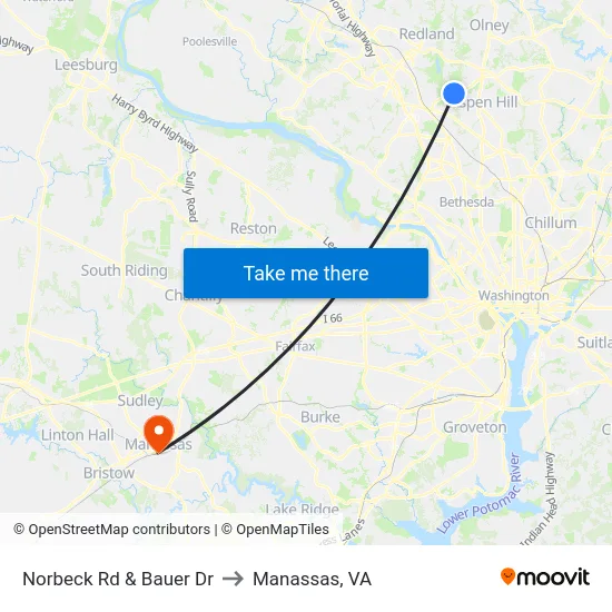 Norbeck Rd & Bauer Dr to Manassas, VA map