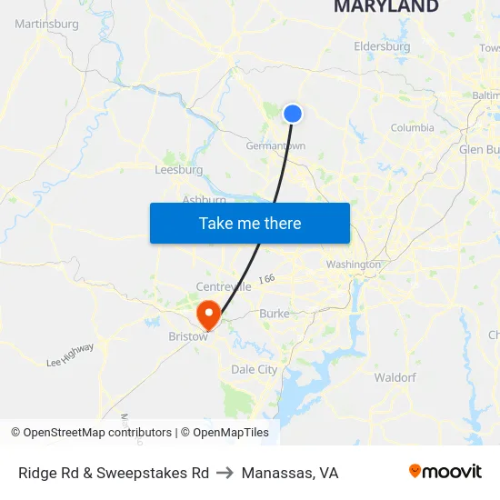 Ridge Rd & Sweepstakes Rd to Manassas, VA map