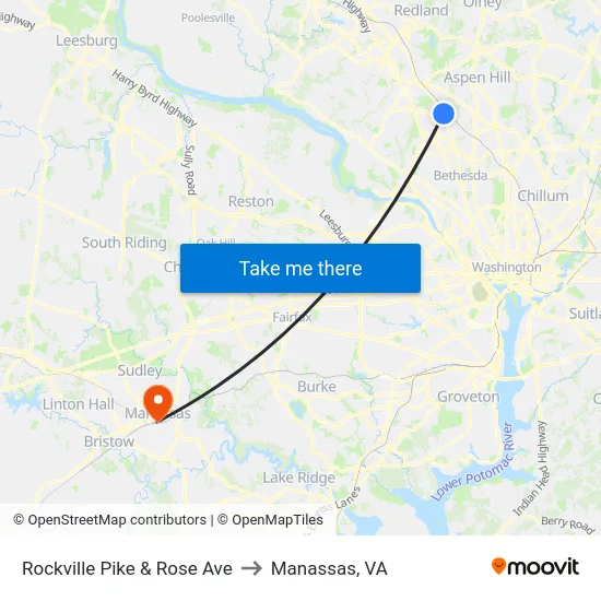 Rockville Pike & Rose Ave to Manassas, VA map