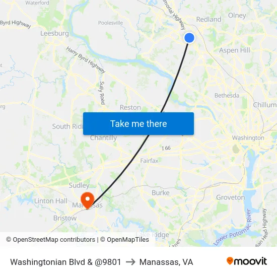 Washingtonian Blvd & @9801 to Manassas, VA map