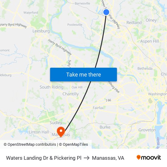 Waters Landing Dr & Pickering Pl to Manassas, VA map