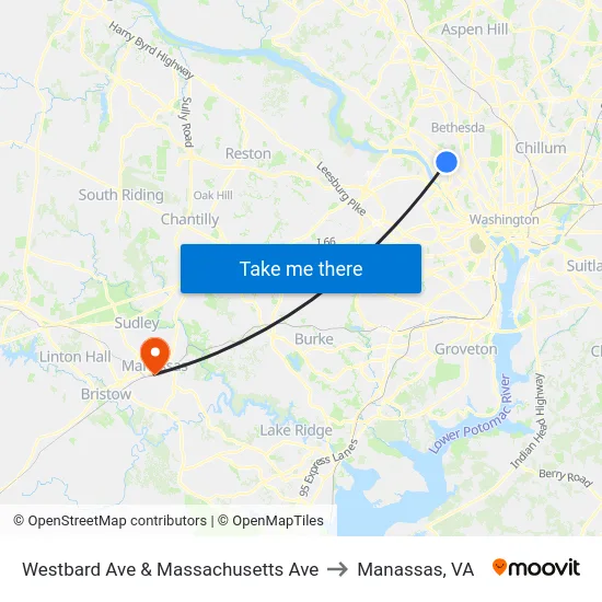Westbard Ave & Massachusetts Ave to Manassas, VA map