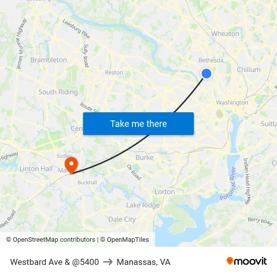 Westbard Ave & @5400 to Manassas, VA map