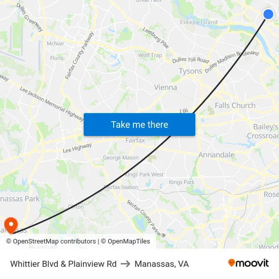 Whittier Blvd & Plainview Rd to Manassas, VA map